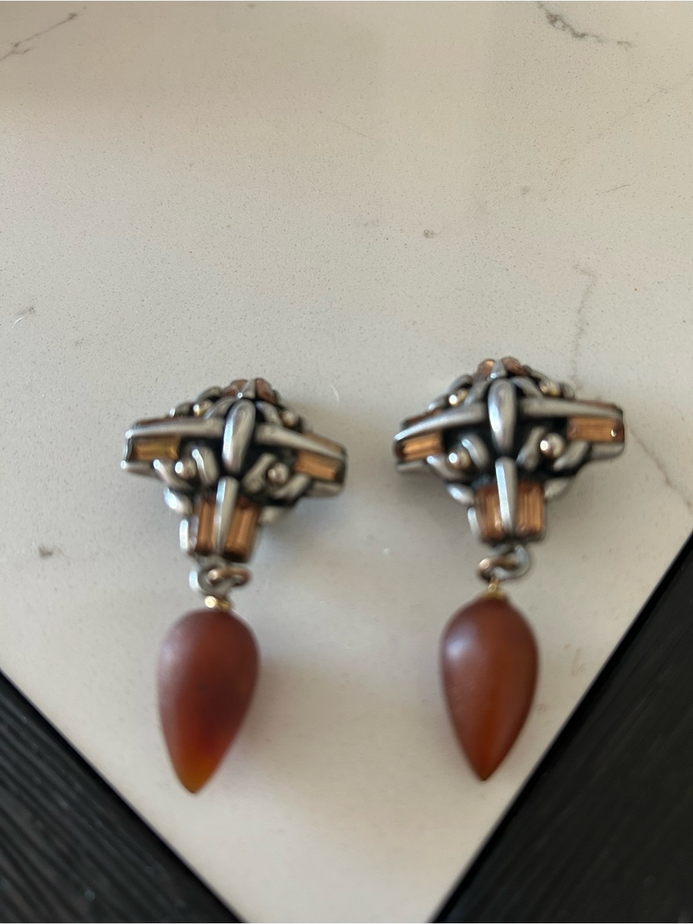 Vintage Farenheit Silver CLIP Drop Earrings with Teardrop Beads